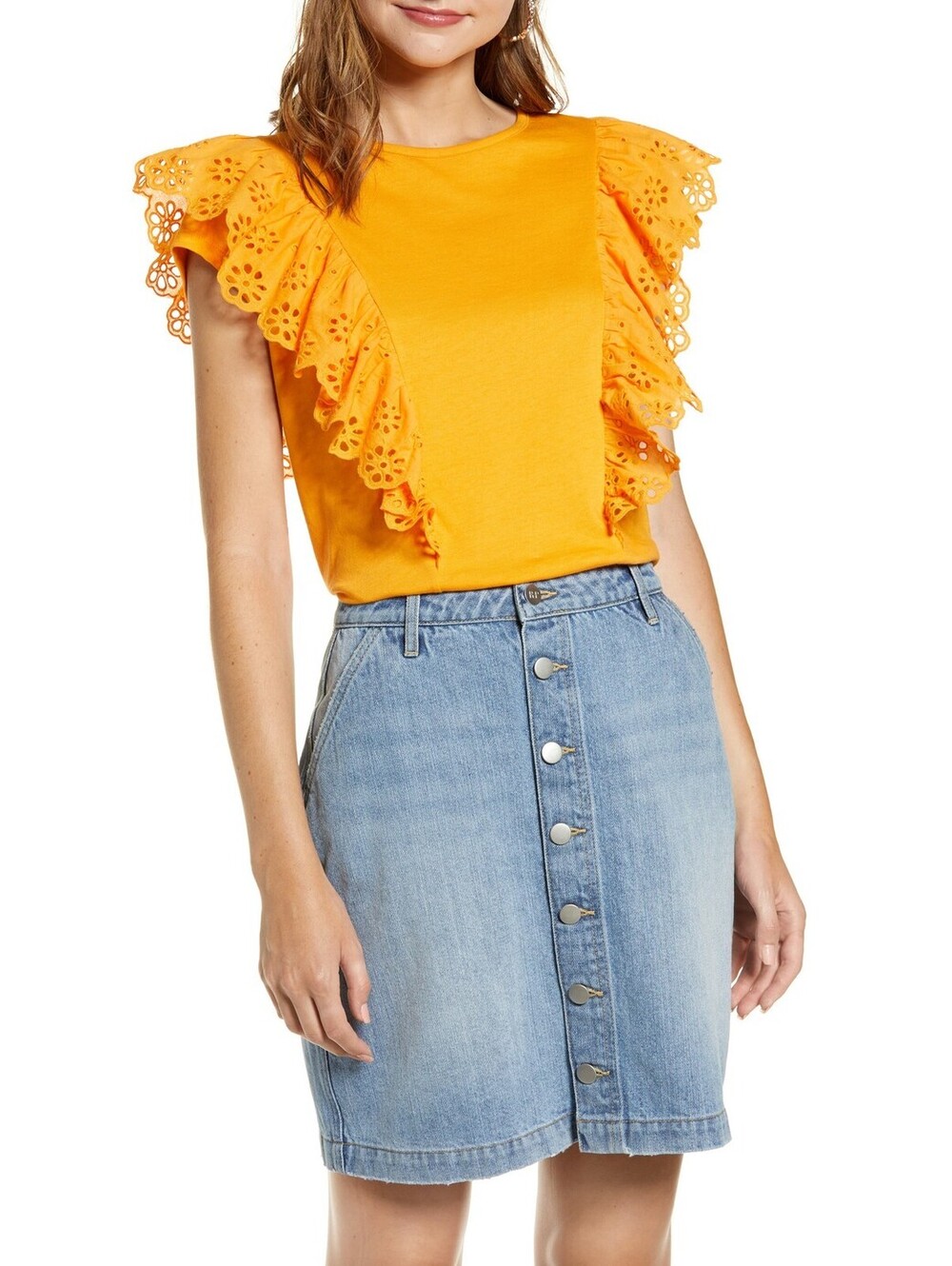 Women's Rachel Parcell Eyelet Ruffle woman Tee, Size M - Orange